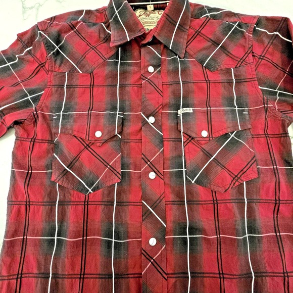 Western Performance Wear Pearl Snap Shirt Rafter C Mens Small Red Black Plaid - Picture 4 of 10